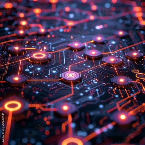 Futuristic circuit board design featuring glowing lights and intricate patterns, ideal for technology and digital themes.