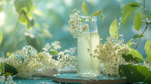 Refreshing summer drink with flowers elderberry Flower of the elder used to make cordial elder flower lemonade