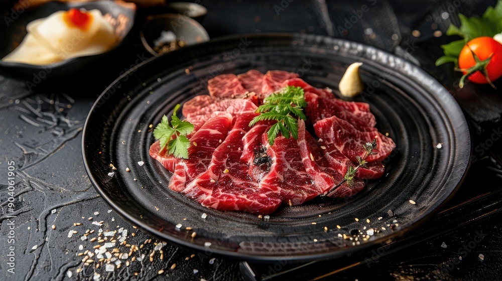 Thinly sliced beef on a black plate Thinly sliced beef on a black plate