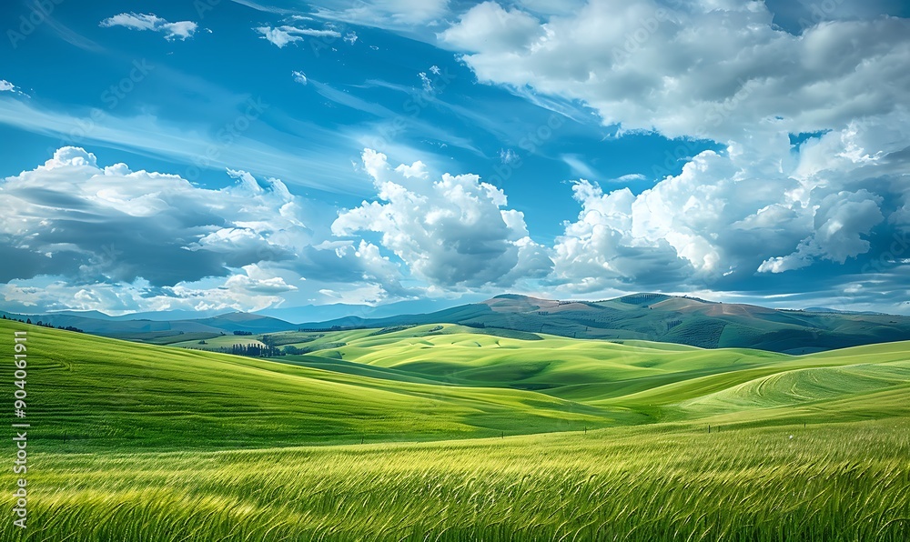 Rolling green fields extending to the horizon, with picturesque mountains and a sky filled with beautiful, textured clouds Rolling green fields extending to the horizon, with picturesque mountains and a sky filled with beautiful, textured clouds