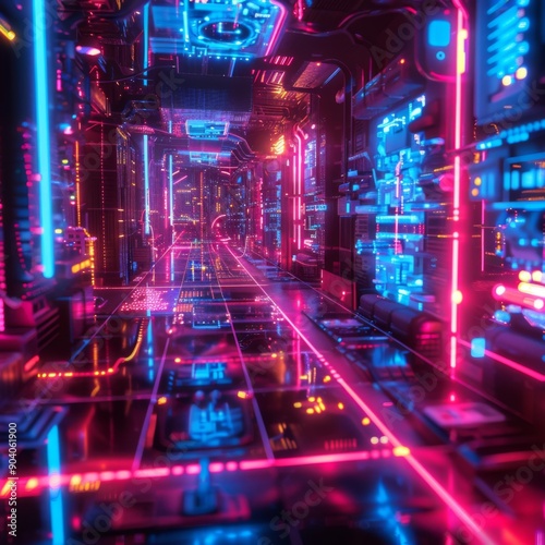 Futuristic digital corridor with vibrant neon lights and intricate technology details, creating a dynamic and immersive atmosphere.