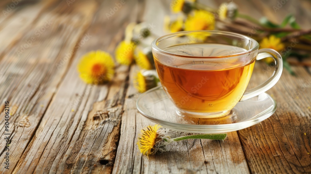 A glass cup of herbal tea with fresh coltsfoot flowers on a wooden table Herbal medicine A glass cup of herbal tea with fresh coltsfoot flowers on a wooden table Herbal medicine
