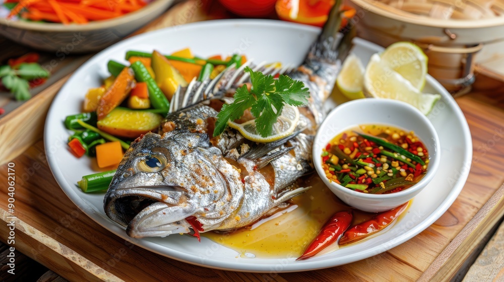 steamed mango fish with vegetable dipping spicy sauce on plate steamed mango fish with vegetable dipping spicy sauce on plate