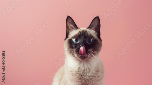 A mischievous and hungry Siamese cat eating and licking its lips with tongue. Isolated on a light pink pastel background.