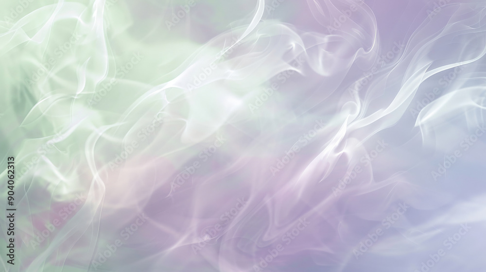 A serene background with soft lilac and pale green smoke wisps, intertwined with gentle steam, providing a calm and relaxing atmosphere.
