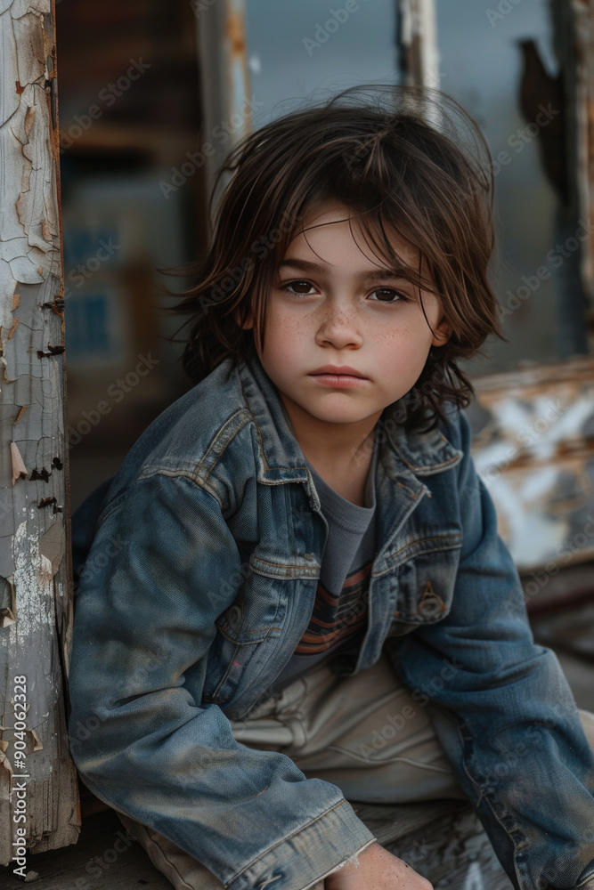 A young boy with freckles and a serious expression sits outside a weathered building, wearing a worn denim jacket.
A young boy with freckles and a serious expression sits outside a weathered building, wearing a worn denim jacket.
