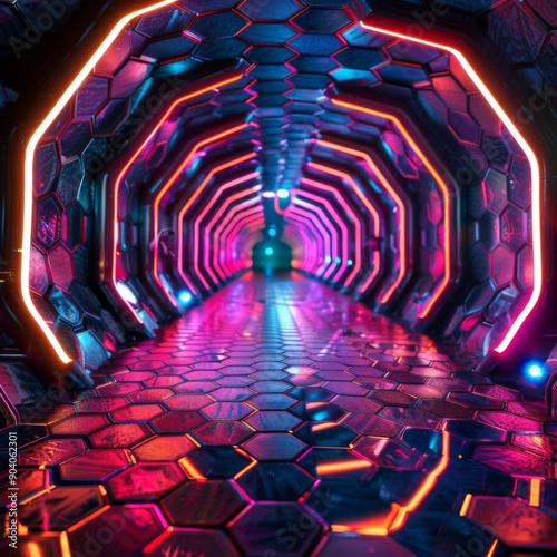 Futuristic neon corridor with hexagonal patterns, vibrant lights, and reflections creating a mesmerizing atmosphere.