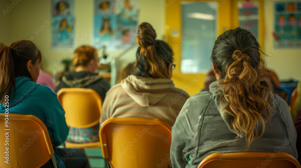 A group of people with diverse hairstyles and clothing sit on yellow chairs in a classroom, participating in a community meeting.
A group of people with diverse hairstyles and clothing sit on yellow chairs in a classroom, participating in a community meeting.