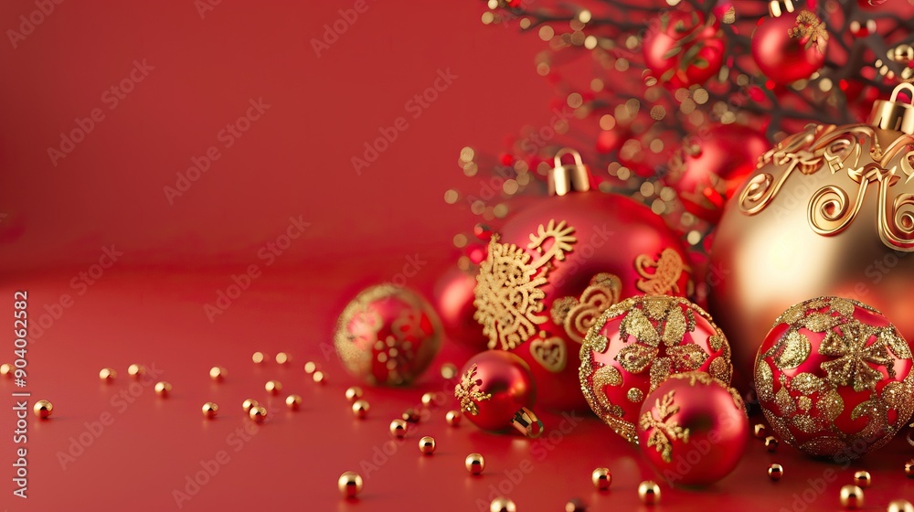 Festive background Happy New Year in Asian style. Happy Chinese New Year banner background template. Decoration with traditional festival lanterns on a red background.