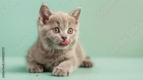 A cute and hungry British Shorthair kitten eating and licking its lips with tongue. Isolated on a