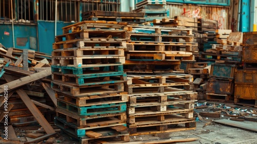 Claw machine stacking wooden pallets for recycling in a waste treatment company for recycling photo