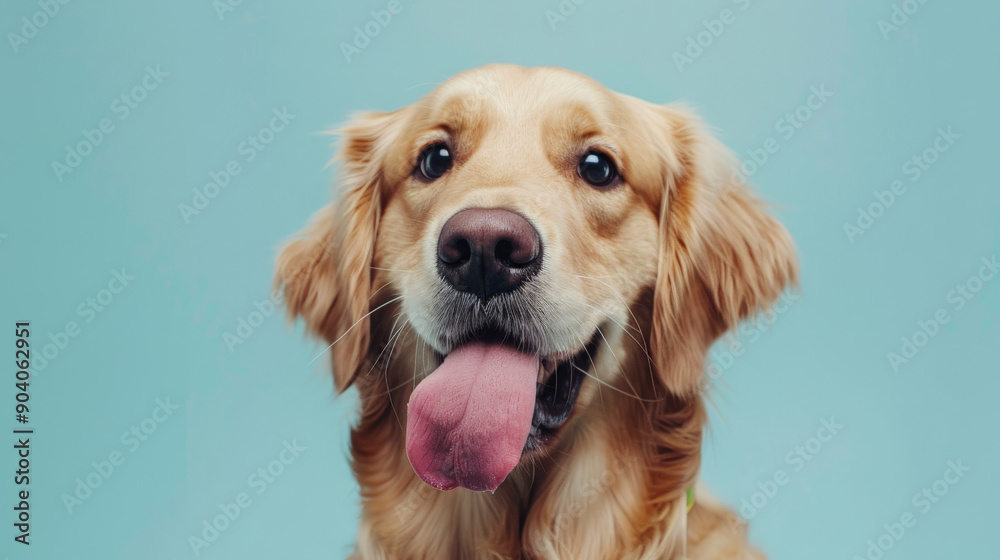 A funny and hungry golden retriever puppy dog eating and licking its lips with tongue. Isolated on a light blue pastel background. A funny and hungry golden retriever puppy dog eating and licking its lips with tongue. Isolated on a light blue pastel background.