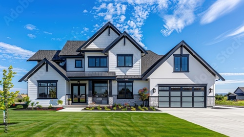 Exterior of brand new construction home with white pain black trim and rich blue skies