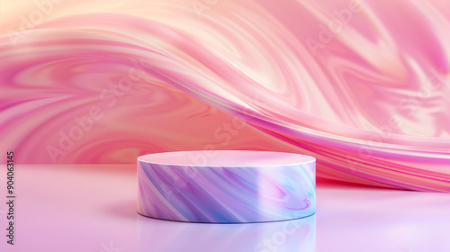 A sleek cylindrical podium with a glossy surface stands against an abstract background with swirling pastel colors. Studio lighting highlights the stand, creating a dreamy atmosphere for displaying © AI_images_for_people