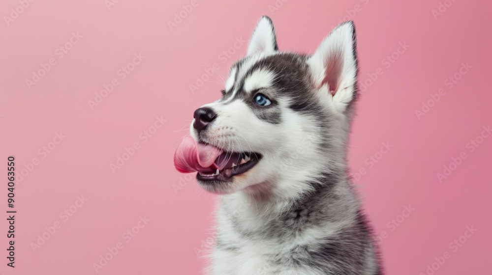 Obraz premium A playful and hungry husky puppy dog eating and licking its lips with tongue. Isolated on a soft pink pastel background.