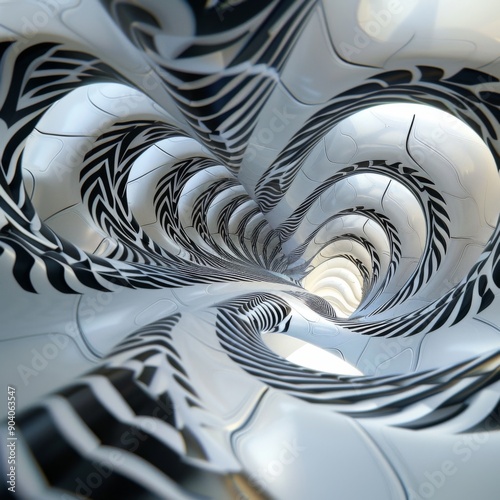 Intriguing abstract tunnel design featuring swirling patterns and a sleek, futuristic appearance in monochrome tones.