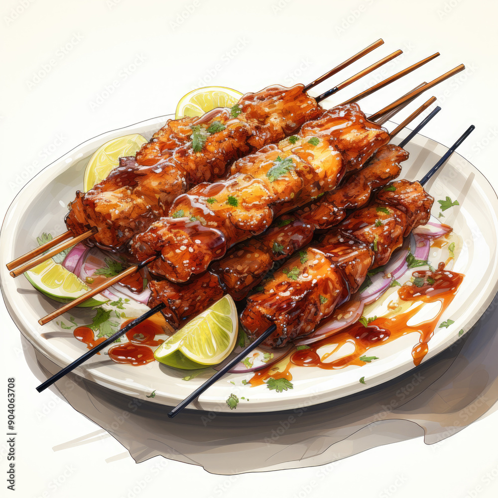 Watercolor satay food, clipart Illustration, Generative Ai Watercolor satay food, clipart Illustration, Generative Ai
