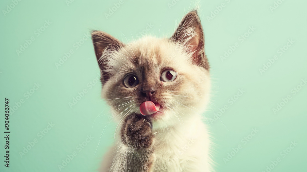 A mischievous and hungry ragdoll kitten eating and licking its lips with tongue. Isolated on a light green pastel background. A mischievous and hungry ragdoll kitten eating and licking its lips with tongue. Isolated on a light green pastel background.