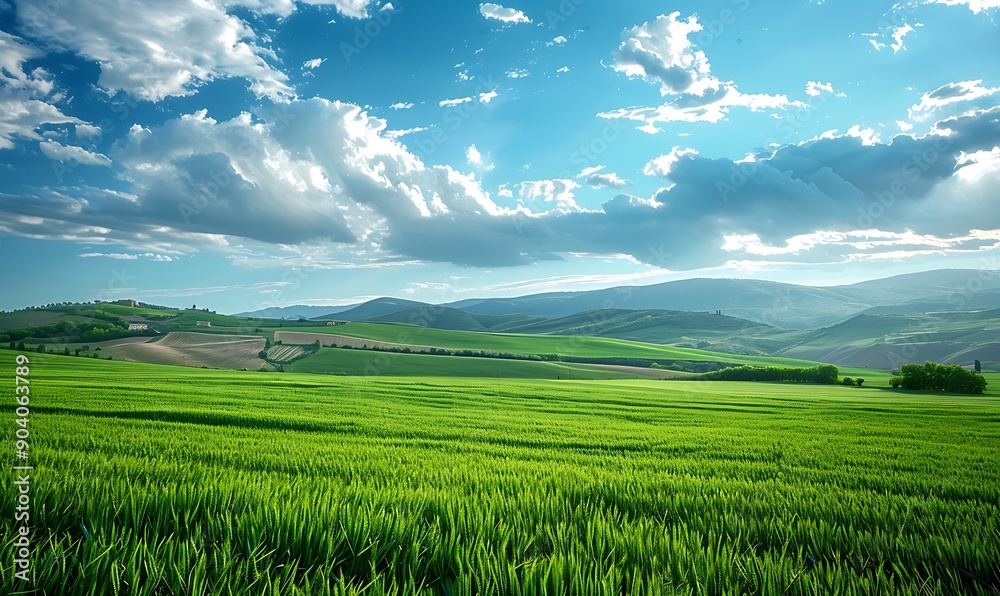 Rolling green fields extending to the horizon, with picturesque mountains and a sky filled with beautiful, textured clouds Rolling green fields extending to the horizon, with picturesque mountains and a sky filled with beautiful, textured clouds