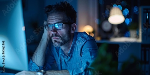 A dedicated employee working late at night, focused on the screen and immersed in tasks