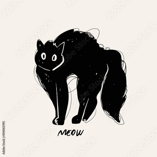 Black cat standing angry, looking surprising, staring. Doodle sketch style. Cute, adorable animal character. Hand drawn Vector illustration. Isolated design element. Logo, icon, print, design template