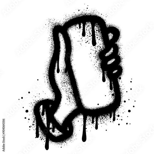 Graffiti of a hand holding a mobile phone with black spray paint.
