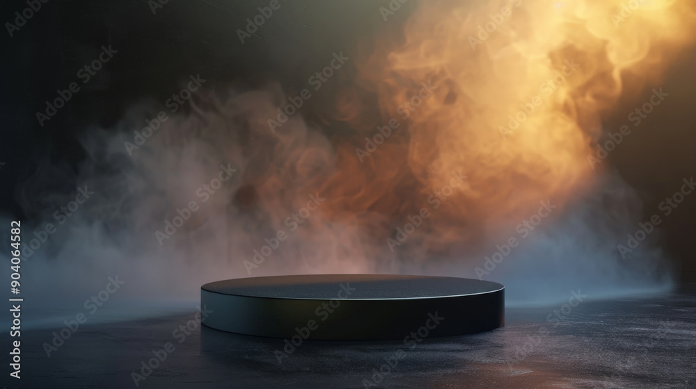 A sleek podium stands in the foreground with a frame of swirling smoke behind it. The mockup background has a gradient effect, transitioning from dark to light, creating a dynamic setting for product A sleek podium stands in the foreground with a frame of swirling smoke behind it. The mockup background has a gradient effect, transitioning from dark to light, creating a dynamic setting for product
