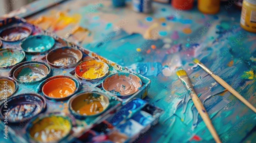 Painting with paints Child s artwork with brushes and watercolor paints Home schooling distance learning art project Painting with paints Child s artwork with brushes and watercolor paints Home schooling distance learning art project