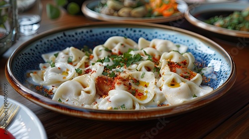 Turkish ravioli manti is a traditional Turkish dish made from yufka dough and minced meat Served with yoghurt tomato paste sauce red pepper flakes thyme and mint photo