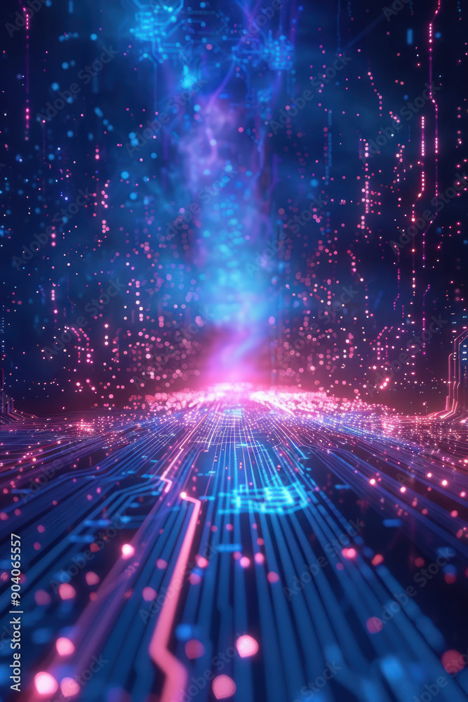 Obraz premium Technology Background, An expansive digital landscape with glowing circuit patterns sweeping across the ground and rising holograms. The center is open for message placement,