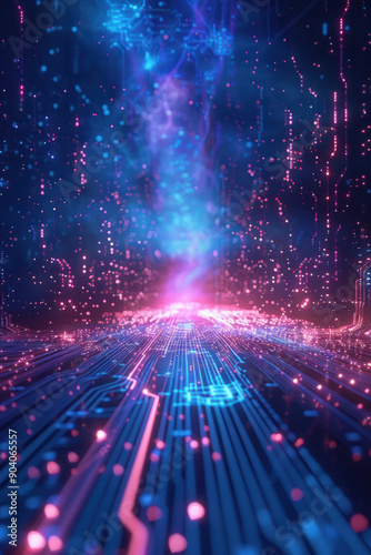 Technology Background, An expansive digital landscape with glowing circuit patterns sweeping across the ground and rising holograms. The center is open for message placement,