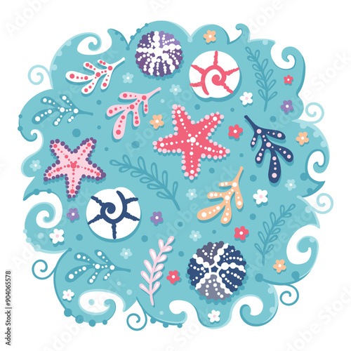 Bright colorful blue, coral, pink, white and purple seashell, starfish an sea urchin illustration on blue waves. Isolated marine life vector design suitable for T-shirts and wall decoration.