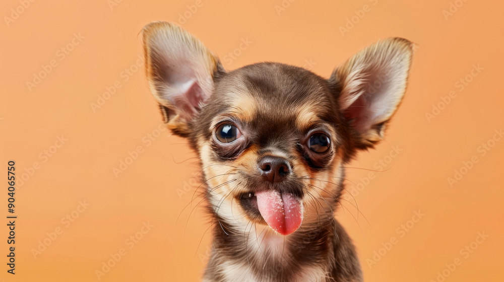 A funny and hungry Chihuahua puppy dog eating and licking its lips with tongue. Isolated on a pale orange pastel background. A funny and hungry Chihuahua puppy dog eating and licking its lips with tongue. Isolated on a pale orange pastel background.