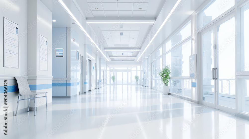 Medical Background, A deserted hospital corridor stretching into the distance, featuring large glass windows allowing soft natural light to illuminate the space. White walls are Medical Background, A deserted hospital corridor stretching into the distance, featuring large glass windows allowing soft natural light to illuminate the space. White walls are