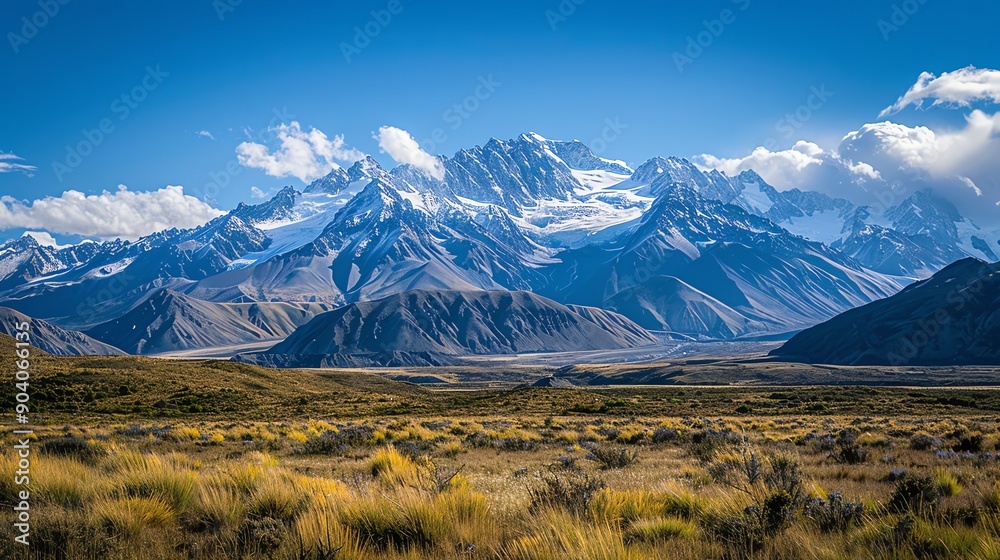A view of a snow-capped mountain range on a clear day. A view of a snow-capped mountain range on a clear day.