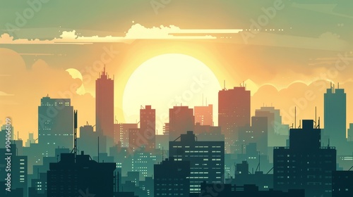 The image depicts a beautiful cityscape as the sun sets behind the skyline, featuring tall buildings, a glowing sky, and clouds, highlighting the urban environment's aesthetic appeal.