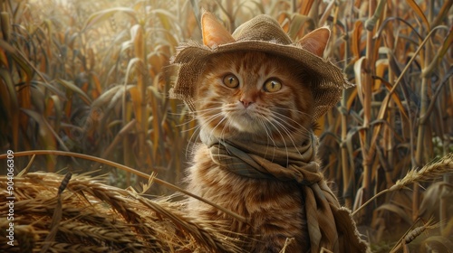 cat in the clothes of the farmer with his harvest photo