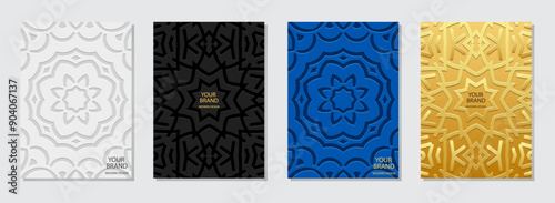 Set of covers, vertical templates. Collection of relief, geometric original backgrounds with 3D patterns, embossing. Ethnic ornaments, arabesques, mandala. Motifs of the East, Asia, India, Mexico