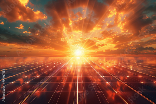 Symbol of Sustainability, Solar Panel and Sun, Solar panels represent renewable energy