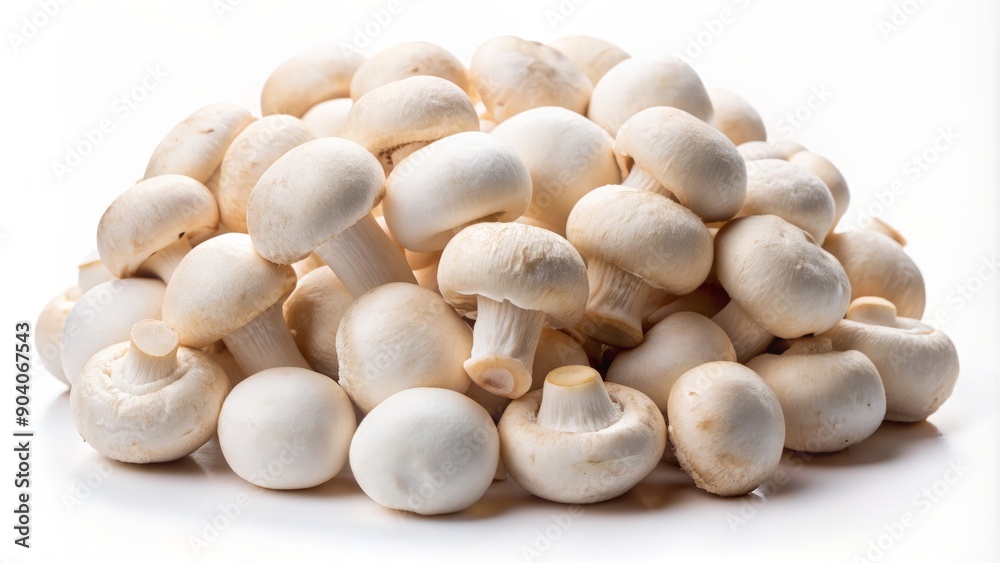 Freshly picked delicate white champignon mushrooms with rounded caps and slender stems isolated on a clean white background. Freshly picked delicate white champignon mushrooms with rounded caps and slender stems isolated on a clean white background.