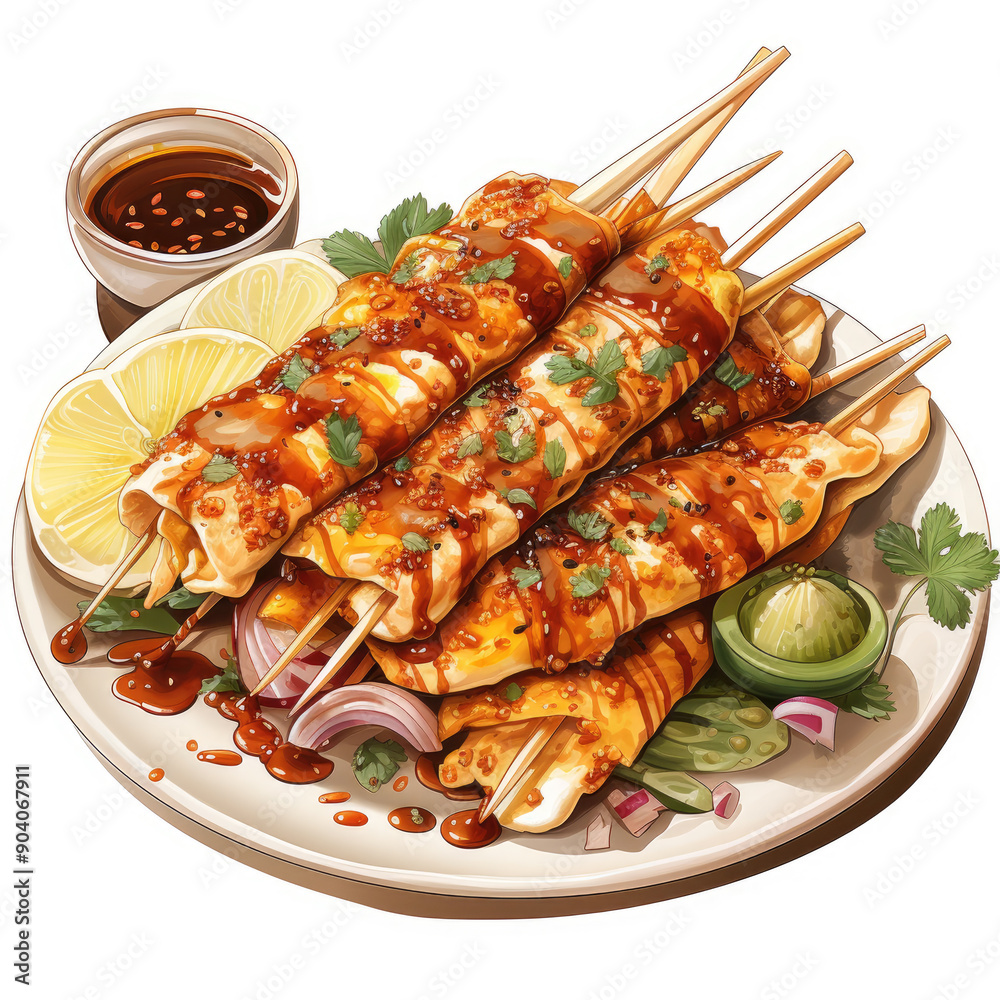 Watercolor satay food, clipart Illustration, Generative Ai