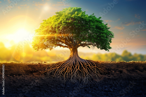 Symbol of Sustainability, Tree with Roots and Leaves, A large healthy tree with expansive roots and lush foliage