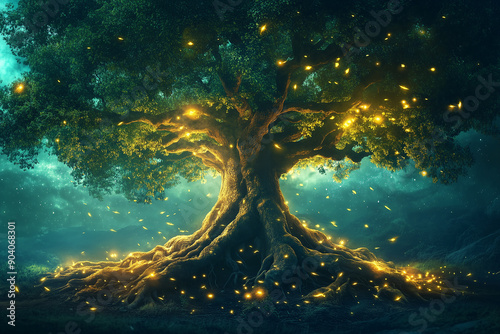 Symbol of Sustainability, Tree with Roots and Leaves, A large healthy tree with expansive roots and lush foliage