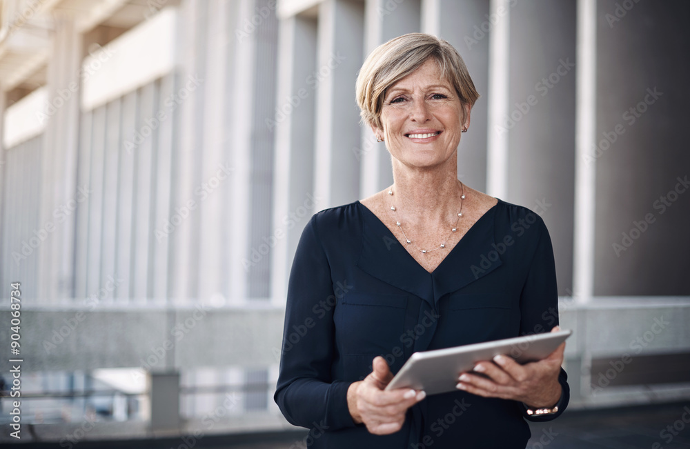 Portrait, mature business woman and tablet with smile, confidence and pride as accountant. Female person, employee and tech for investment opportunity in office building, firm or insurance company Portrait, mature business woman and tablet with smile, confidence and pride as accountant. Female person, employee and tech for investment opportunity in office building, firm or insurance company
