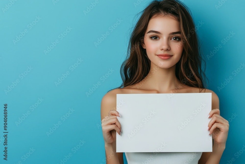 a beautiful young girl holding up a blank piece of paper - studio portrait on blue background - mockup template a beautiful young girl holding up a blank piece of paper - studio portrait on blue background - mockup template
