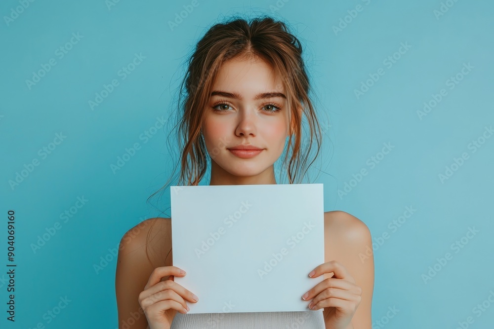 a beautiful young girl holding up a blank piece of paper - studio portrait on blue background - mockup template a beautiful young girl holding up a blank piece of paper - studio portrait on blue background - mockup template