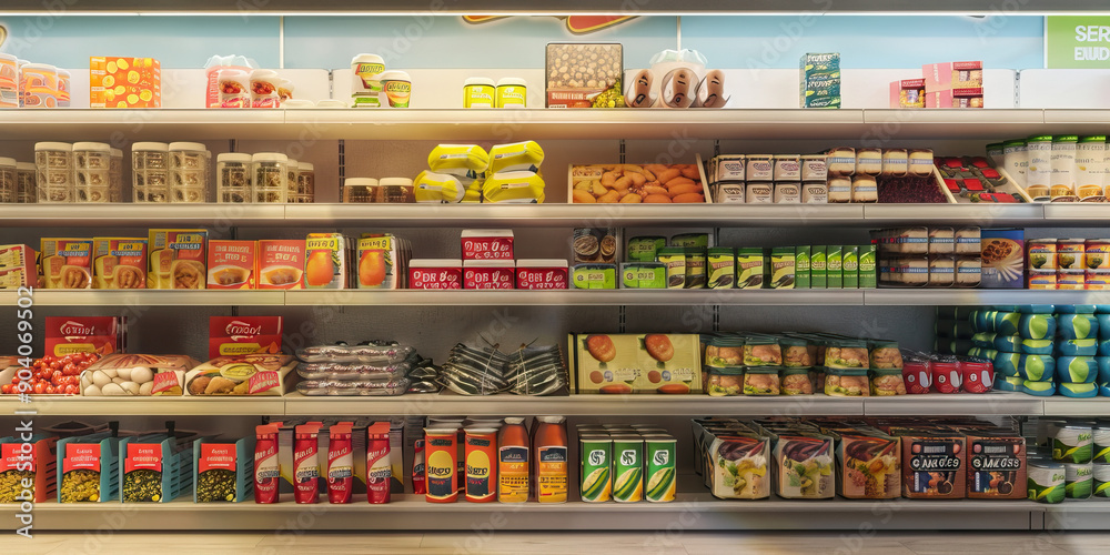 Clean and Organized: A pristine supermarket shelf with various groceries. Clean and Organized: A pristine supermarket shelf with various groceries.