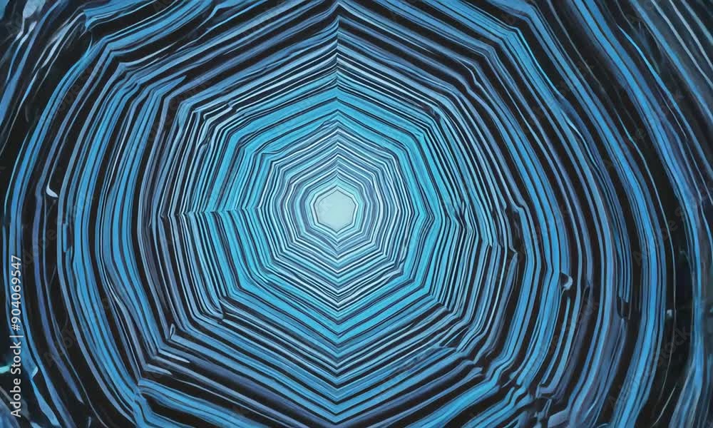 Abstract Blue Hexagon Tunnel: A mesmerizing abstract tunnel with a hypnotizing blue and black hexagonal pattern, converging towards a bright light. This photo is perfect for representing concepts of d
