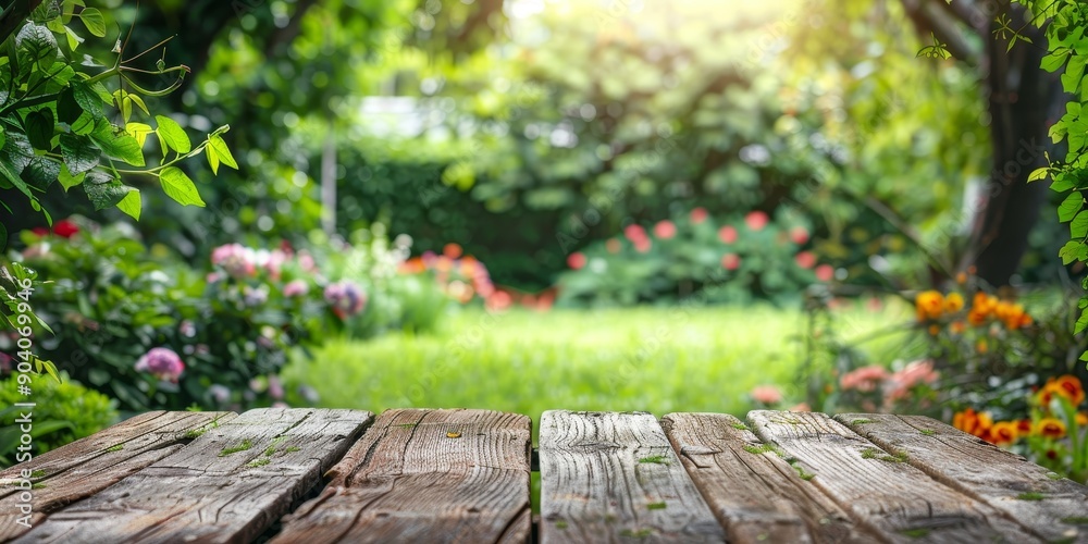 An empty wood table in an outdoor garden, surrounded by greenery and flowers, perfect for a summer picnic An empty wood table in an outdoor garden, surrounded by greenery and flowers, perfect for a summer picnic