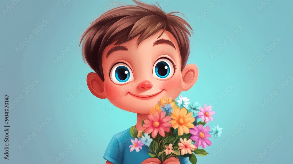 A cheerful cartoon boy with short hair and big eyes, holding a bunch of flowers A cheerful cartoon boy with short hair and big eyes, holding a bunch of flowers